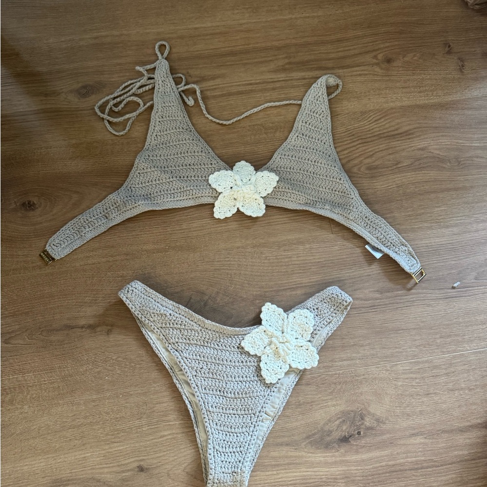 Meshki Beige Crochet Two-Piece (TOP XS BOTTOMS SMALL) Bikini with Cream Flower
